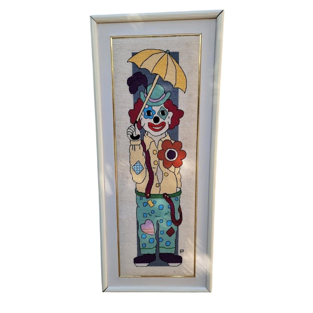 Vintage‎ Clown Framed Finished Needlepoint Wall Art LARGE Sasi Creations 42"x18"